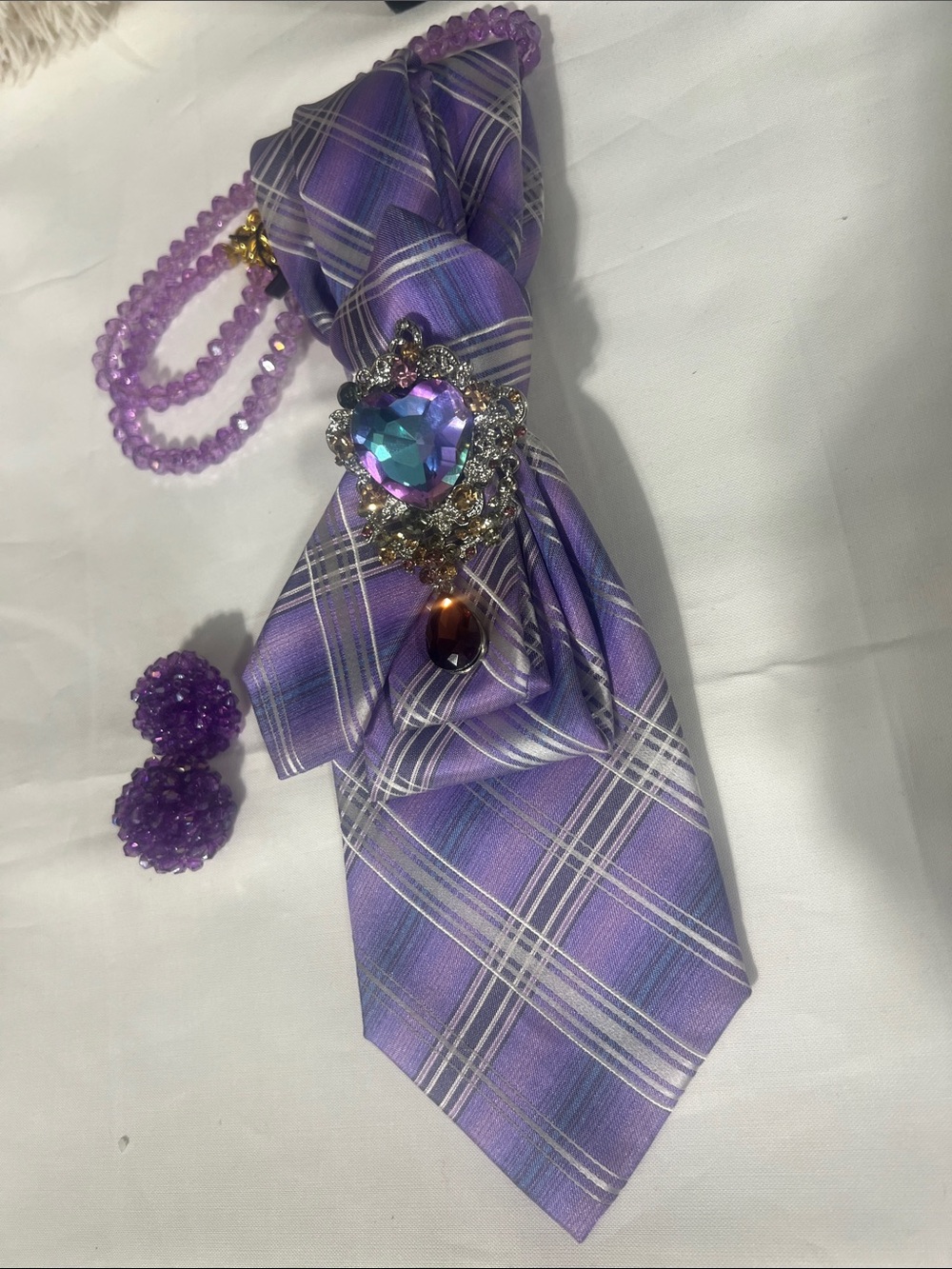 Purple Plaid Statement Tie Necklace with Crystal Brooch